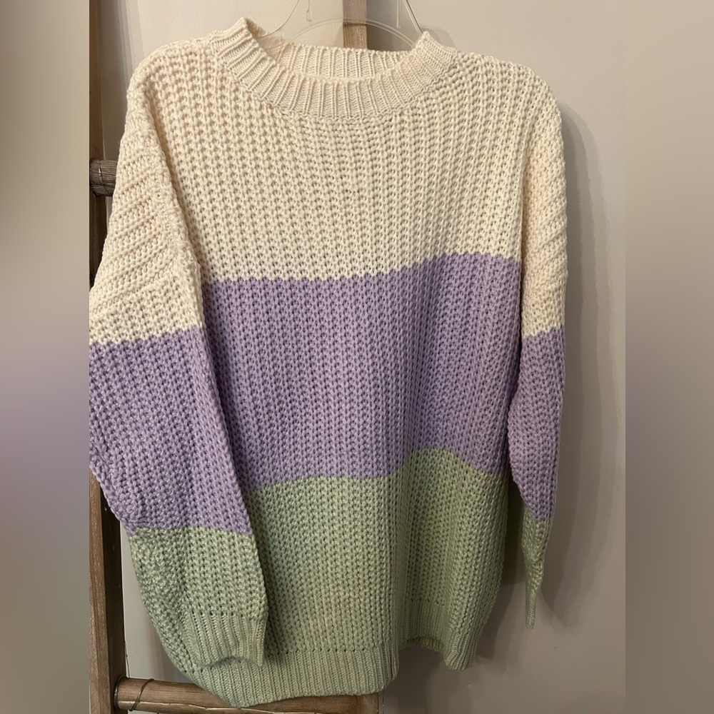 three color block, loose fit sweater, sizes small-large